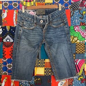 Blue Denim Shorts with Frayed Hem